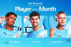 曼城官方8月队内最佳候选：哈兰德、赖因德斯、斯通斯